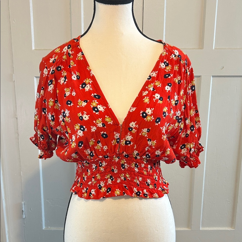 Faithfull the Brand Red Floral Smocked Blouse